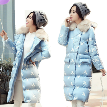 冬季韩版女装修身过膝中长款连帽毛领羽绒棉衣面包服加厚棉服外套
