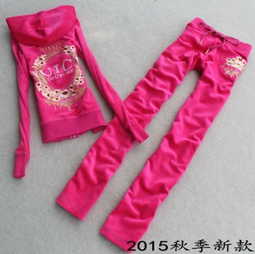 2015秋季 新款天鹅绒长袖休闲运动套装女装7197绣花带钻J字拉链