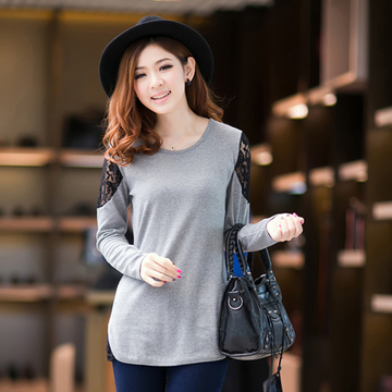 2015新品秋冬装女装韩版蕾丝拼接打底衫长袖长款上衣显瘦T恤女潮