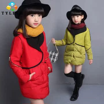 童装女童2015韩版时尚新款拉链毛呢拼接保暖大衣棉衣风衣外套包邮
