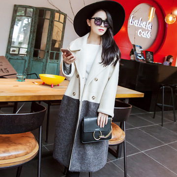 2015冬装新款韩版女装 拼西装领双排扣接长款毛呢外套女呢子大衣