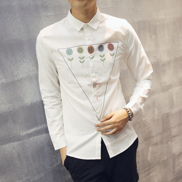LEPPAS秋季新品韩版男士长袖衬衫高端油印工艺休闲打底修身衬衣潮