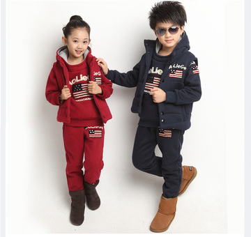 童装2015新款韩版男女童秋冬装中大儿童卫衣加绒厚三件套运动套