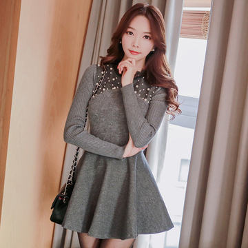秋冬季修身连衣裙气质韩版中长款毛呢打底裙长袖针织拼接显瘦短裙