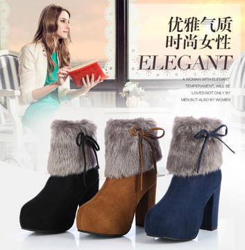 2015秋冬新款韩版女靴女鞋粗跟高跟防水台毛毛靴短靴蝴蝶结棉靴子