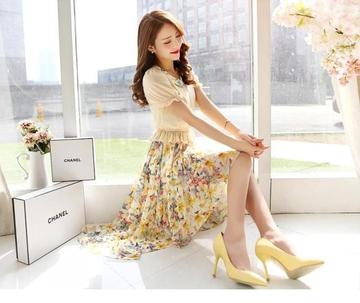 新款韩版女装 2015女式圆领短袖前短后长印花连衣裙