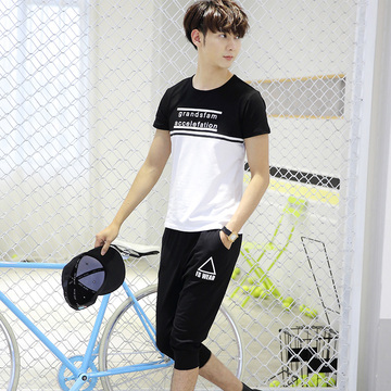 夏季青少年圆领短袖t恤薄款韩版潮流休闲学生修身衣服运动男套装