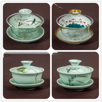 陶瓷盖碗茶具茶杯大号泡茶碗功夫三才碗龙泉青瓷手绘玻璃绿茶盖碗