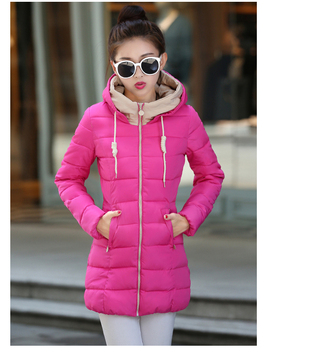 2015秋冬新款韩版修身中长款女士羽绒服显瘦连帽长袖棉服大码外套