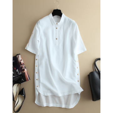 欧美风优质麻料中袖纯白色连衣裙 2016春装新品女 D1082