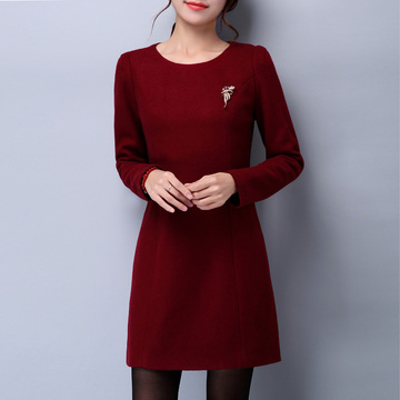 2015秋冬新款韩版修身打底衫酒红色中长款连衣裙长袖包臀打底裙子