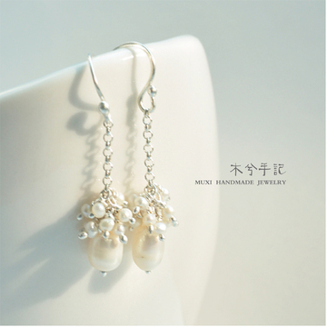 原创设计手工天然小米珍珠999纯银小清新甜美气质长款耳环饰品女