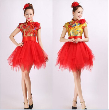 女款龙袍民族舞台表演服装新款夏季成人红色蓬蓬纱裙连衣裙演出服