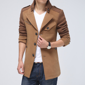 秋冬季韩版男士修身中长款立领风衣 男青年休闲加绒毛呢大衣外套
