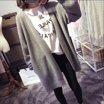 2015秋季新款韩版中长款针织衫开衫外套女镂空宽松蝙蝠袖毛衣垂感
