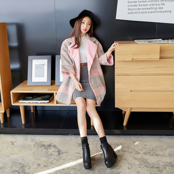 2015韩国东大门女装秋冬装新款翻领双排扣格纹七分袖毛呢外套