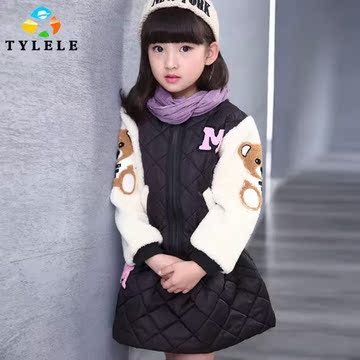 童装女童冬季新品韩版时尚小熊植绒印花棒球服加女童棉裙套装包邮