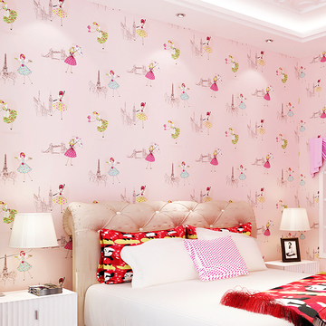环保无纺布壁纸儿童房卧室卡通可爱粉色芭蕾舞女孩温馨墙纸