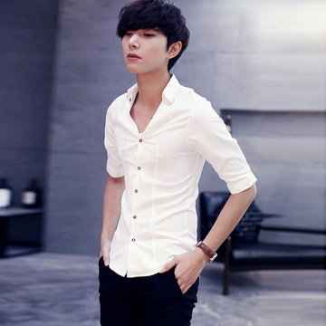时尚男士薄款白色中袖衬衫五分袖韩版修身衬衣青年英伦短袖潮夏装