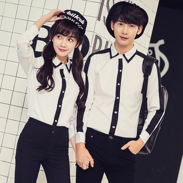 2016秋季新品衬衫韩版情侣装黑白拼接修身长袖衬衣工作服时尚