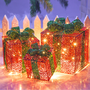 圣诞礼物盒装饰品灯串闪灯盒子铁艺包装盒带亮片蝴蝶礼物盒套装