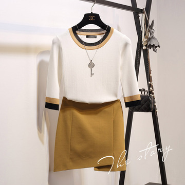 2016秋装新款韩版圆领套头短款七分袖冰丝针织衫撞色条纹上衣女潮