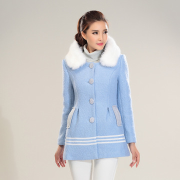 2015冬季新款韩版毛呢外套女带帽毛领单排扣中长款女装大衣