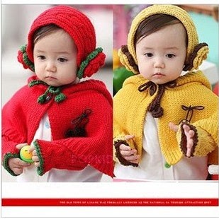 秋冬款女宝宝发带女童毛线连帽披肩斗篷耳套手套婴儿童帽子三件套