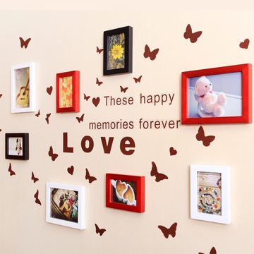 8框实木照片墙相框墙蝴蝶墙贴创意组合相片墙挂墙儿童房