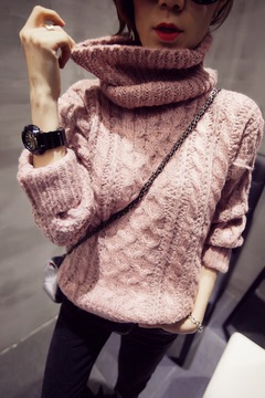 女装B类-包邮-2015冬季新款麻花厚实百搭保暖高领马海毛套头毛衣