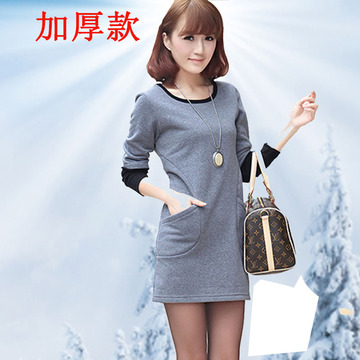 2014冬季新款大码女装韩版不倒绒女士长袖修身纯色加厚打底连衣裙