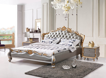 欧式太子床 特价皮床 高档婚床 橡木雕花 1.8米双人床 真皮软床