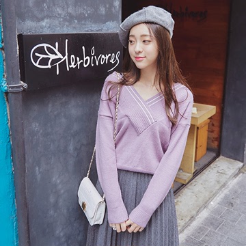 2016韩国东大门春季新款韩版针织毛衣V领宽松长袖针织衫毛衫B024