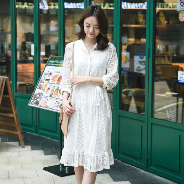 ROSABABY贝莎家韩版秋装新款白色蕾丝镂空高腰长袖打底连衣裙长裙