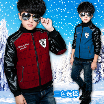 童装2015新款冬装男童外套韩版潮装儿童呢子拼皮加绒加厚夹克3-12