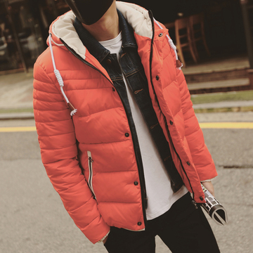 2015冬装新款韩版潮流修身个性连帽男棉服外套加厚短款棉衣男大红