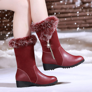 酒红色平底低跟真皮女靴子中筒靴大码兔毛保暖雪地靴短靴女马丁靴