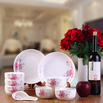 碗碟套装 高档陶瓷碗盘14头骨瓷餐具套装盘子韩式家用碗正品包邮