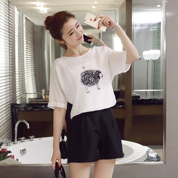 2016年夏季韩版胸口绵羊图案圆领短袖T恤纯色两件套热裤套装裤女