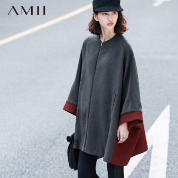 Amii2015冬品圆领撞色中长款大码宽松蝙蝠袖拉链斗篷羊毛呢女外套
