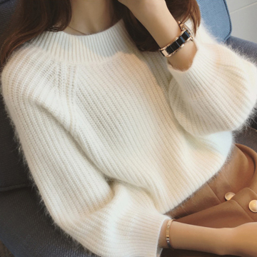 2015韩国秋冬装韩版纯色一字领兔毛套头毛衣女长袖针织衫女上衣
