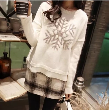 2015秋冬新款韩版兔毛圆领白色大雪花修身打底毛衣针织线衫长袖