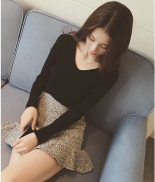 韩版女装纯色t恤毛衣小衫V领长袖针织修身显瘦打底衫短款学生上衣