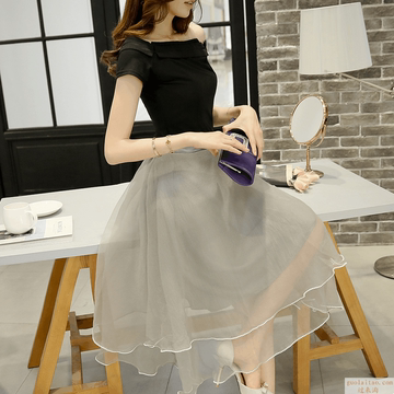 2015夏装新款女装韩版修身显瘦欧根纱气质中长裙夏季雪纺连衣裙女
