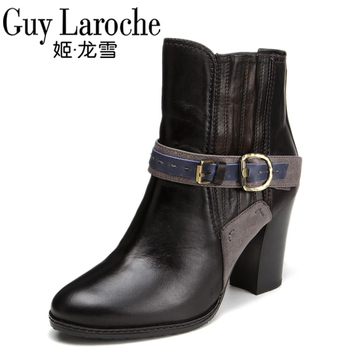 Guy Laroche姬龙雪2014女士新品 牛皮拼色条带简约高跟短靴