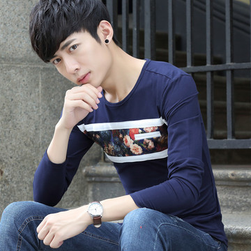 男士秋季长袖T恤日常修身韩版印花纯棉上衣 青年拼接撞色圆领体恤