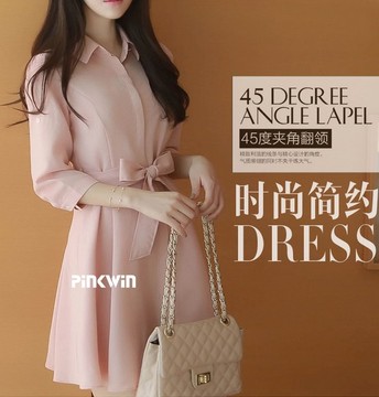 2015夏季韩版 粉色雪纺衬衫领连衣裙甜美淑女中袖修身系带中长裙