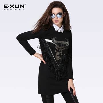 EXUN2015冬季新款上衣图案印花流苏拼接圆领中长款卫衣长袖套头女