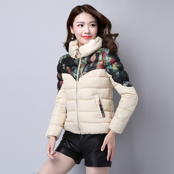 2015冬季新款韩版高领印花加厚羽绒棉服女短款修身保暖时尚外套潮