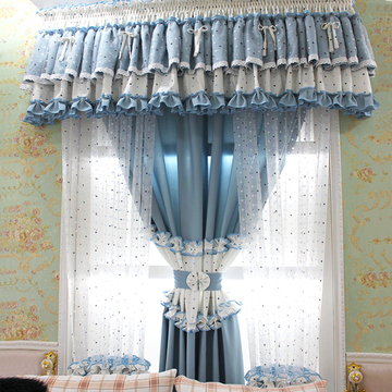 【杭家】蓝色蕾丝田园公主卧室飘窗花边窗帘成品窗纱帘 冰雪奇缘